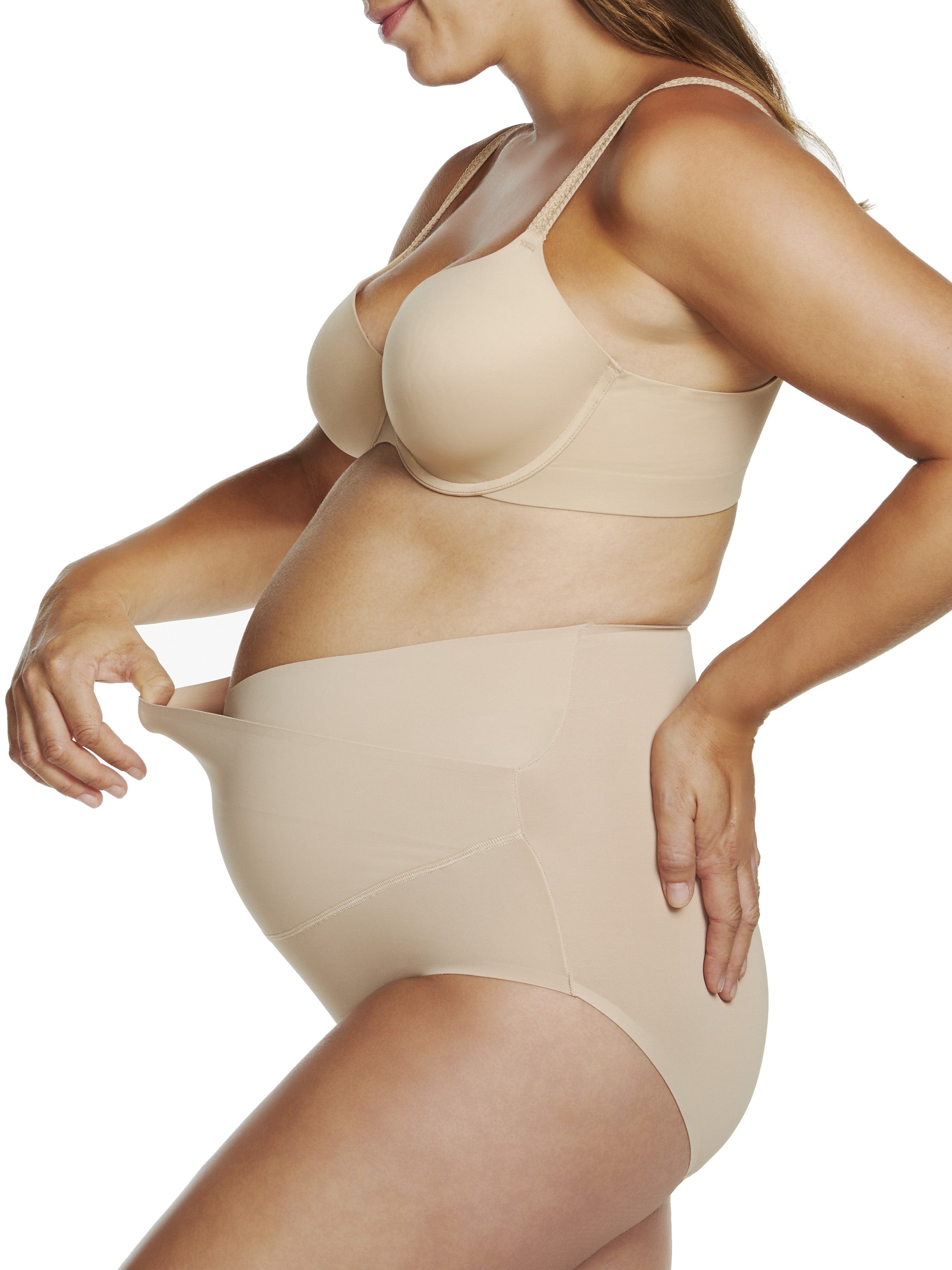 woman wearing a beige bra and shaping brief